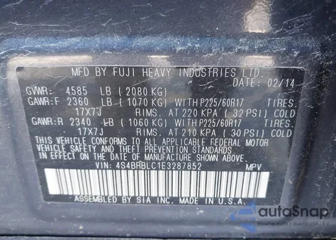 2014 Subaru Outback 2.5I Limited из США, поврежденный, VIN 4S4BRBLC1E3287852